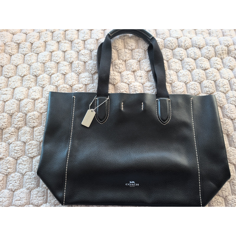 Coach Black Pebbled Leather Derby Tote Bag Red Lining Silver